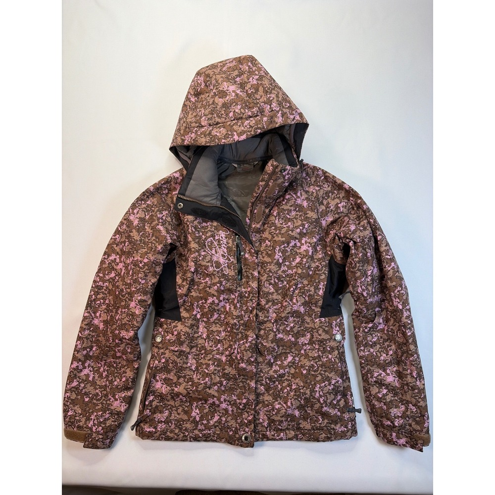 Salomon Womens XS Pink Brown Camo Ski Snowboard Jacket Hooded Insulated RN98309